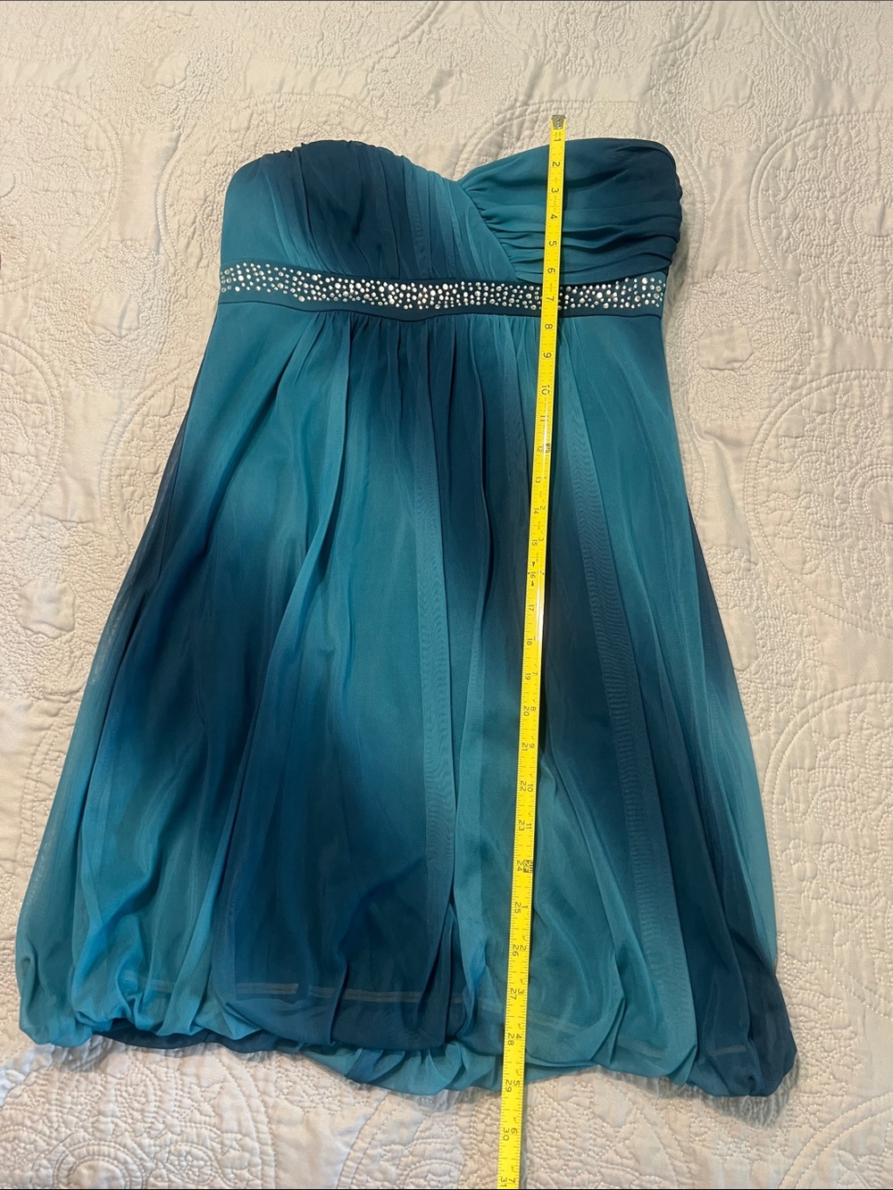 Trixxi Teal & Aqua Strapless Chiffon Cocktail Dress with Rhinestone Band - Picture 5 of 8
